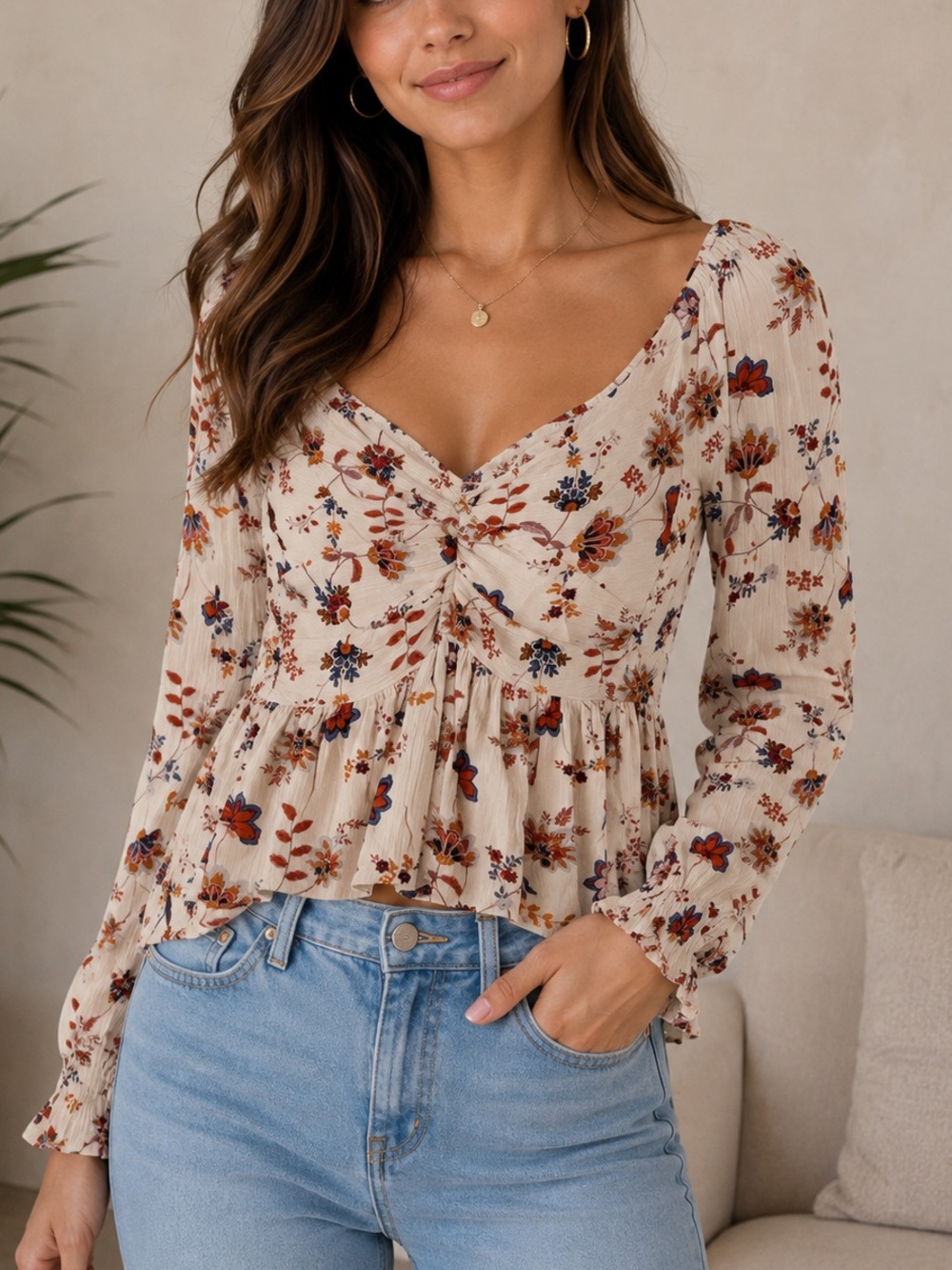 Alya Cream Floral Twist-Front Long Sleeve blouse